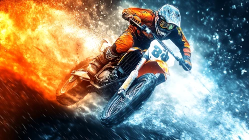 High-speed motocross rider cuts through stylized fire and ice field