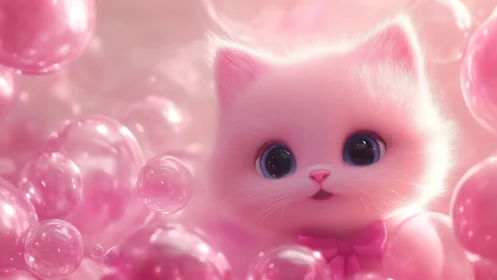 Ethereal Pink Kitten Among Floating Bubbles.