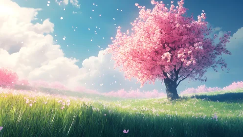 Solitary cherry blossom tree on luminous spring meadow