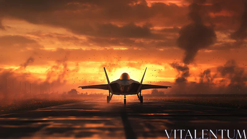 Photorealistic jet on runway at dramatic sunset horizonline.