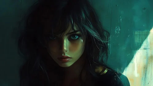 Moody teal-lit digital portrait of young woman in shadow