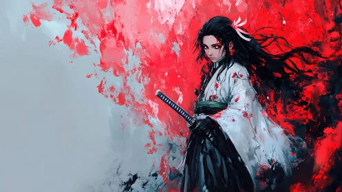 Digital painting of stoic samurai amid abstract crimson field.