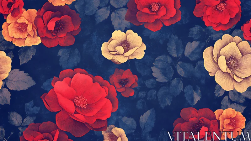 Midnight garden blooms blaze against deep indigo velvet sky.