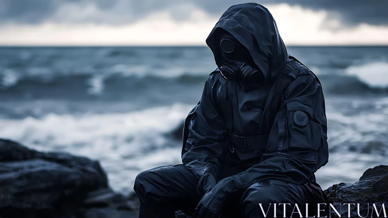 Hooded gas mask wanderer on stormy monochrome shoreline.