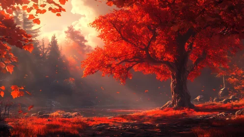 Crimson autumn tree glows beside a tranquil forest lake