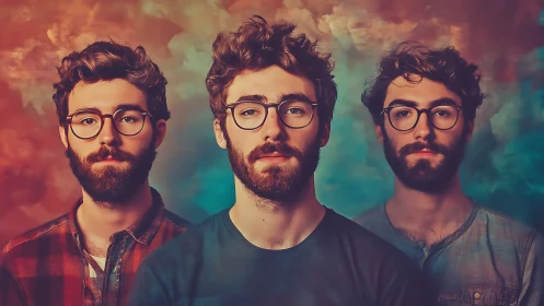 Three similar bearded men stand aligned against blended backdrop