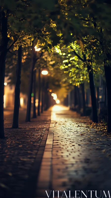 Lantern-kissed city walkway under whispering autumn leaves.