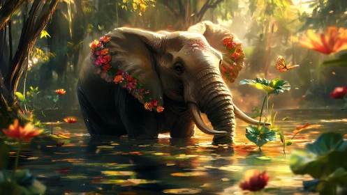Garlanded elephant dreaming in a golden, flowerlit forest pool.