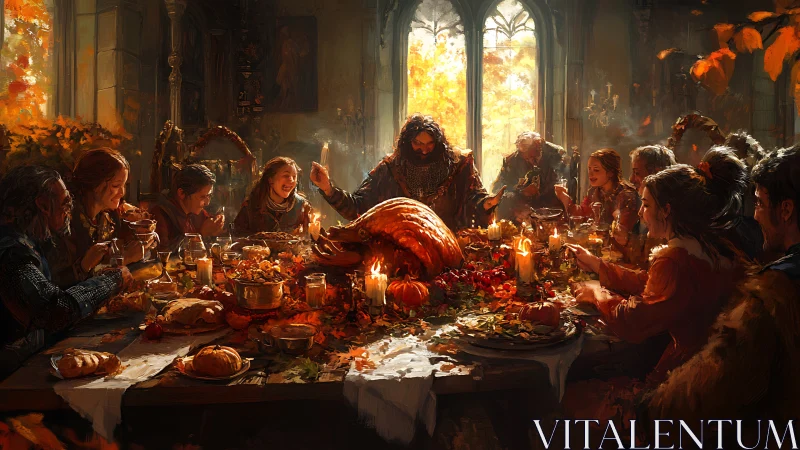 Medieval autumn feast around candlelit harvest table.