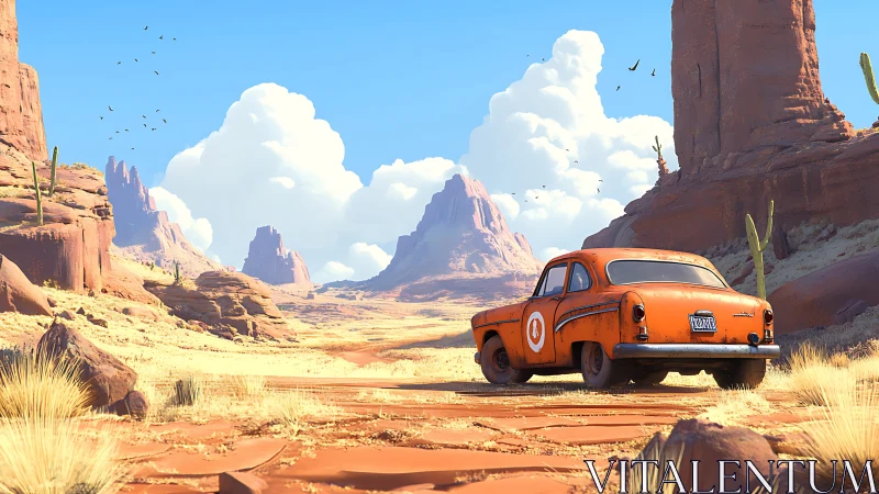 Rusty orange car crossing stylized desert canyon road.