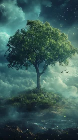 Solitary tree on small island beneath dense cloud field.