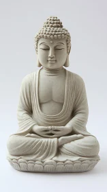 Serene stone Buddha statue in lotus posture on pale plinth.