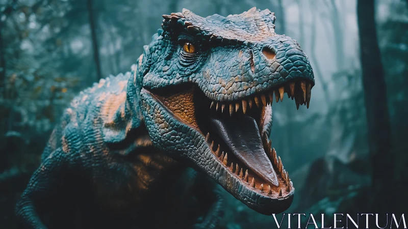 Roaring dinosaur lunges forward in a misty primeval jungle