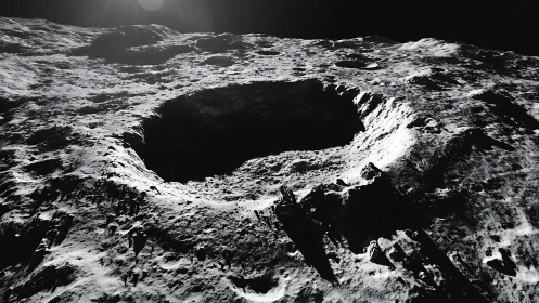 Lunar impact crater in stark raking light, high contrast terrain.