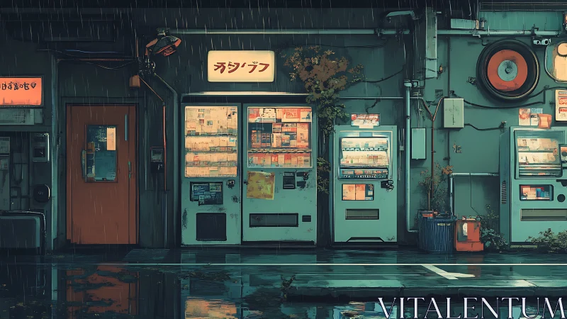 Neon-lit Japanese vending machines glow in rainy backstreet.