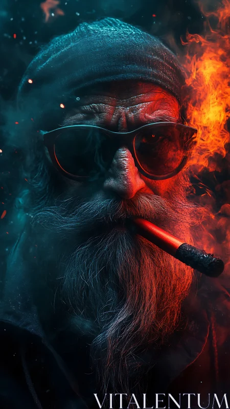 Cinematic neo-noir portrait isolates bearded smoker in dual lighting