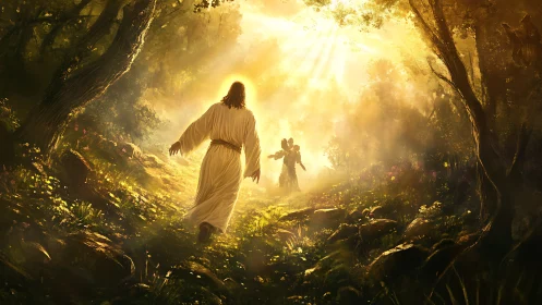 Radiant robed figure walks toward angelic light in forest glade