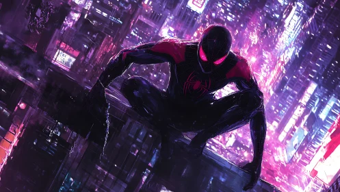 Neon-lit vigilante poised above futuristic cityscape at night.