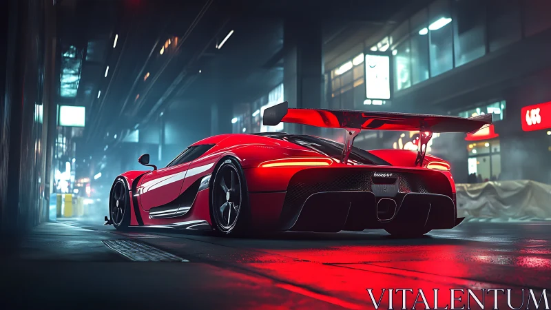 Red mid‑engine race car is parked on wet urban street