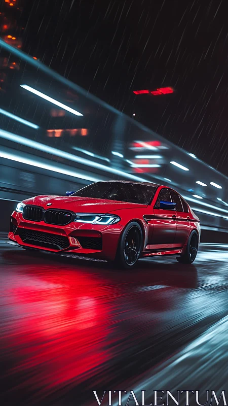 Crimson sport sedan racing through a rain slicked neon city.