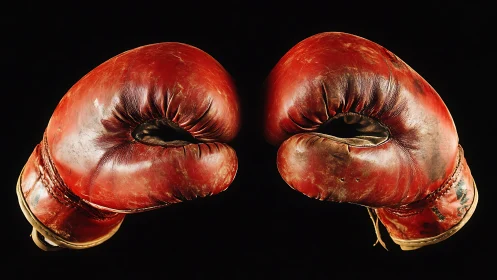 Pair of red leather boxing gloves isolated on black background.