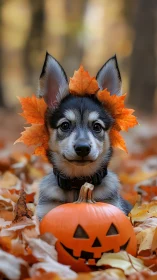 Puppy sits behind carved pumpkin in shallow-focus forest