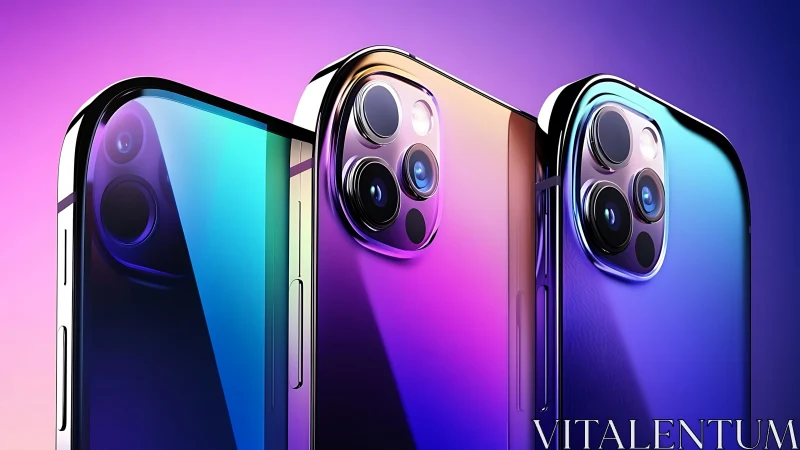 Prismatic smartphones gleam under neon gradients of light.