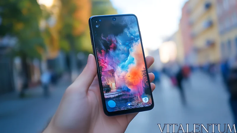 Smartphone with vibrant digital wallpaper in urban street setting