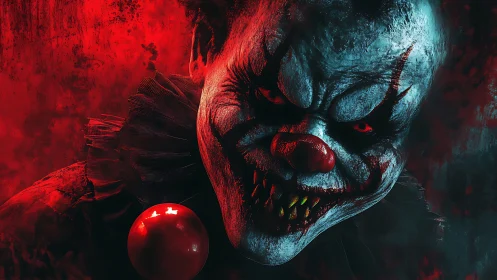 Bloodlit nightmare clown grinning through smoke and shadow.