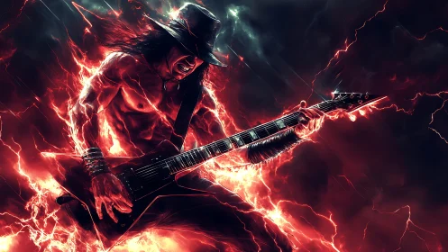 Digital painting of electrified rock guitarist in infernal storm.