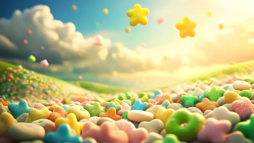Whimsical Candy Landscape with Floating Stars and Soft Light.