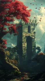 Crimson tree crowns a forgotten stone tower in drifting mist