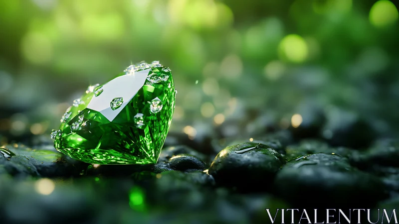 Emerald heart gem glows like morning dew on river stones.