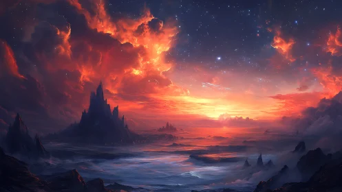 Celestial shores beneath a blazing cosmic sunrise.
