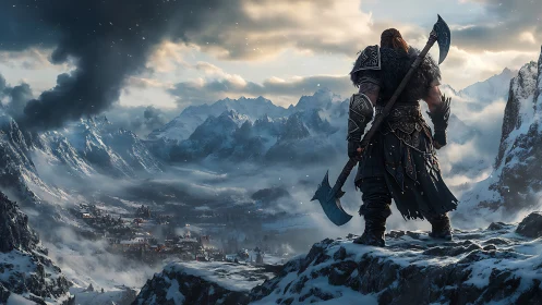 Viking warrior surveys a frozen mountain stronghold at dusk.