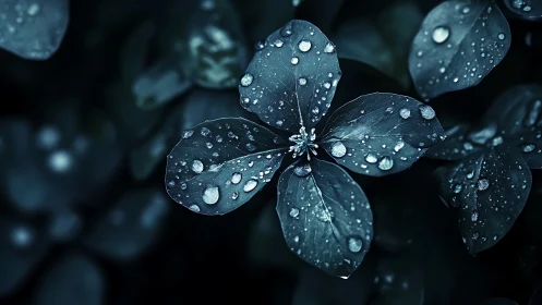 Macro photograph shows wet leaves with central flower cluster
