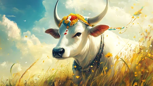 Sacred white cow rests in golden meadow under radiant sky