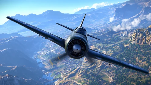 Vintage fighter plane cuts through bright alpine skies