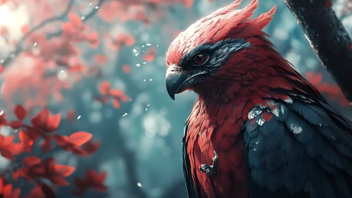 Majestic Red and Blue Fantasy Bird in Ethereal Forest Scene.