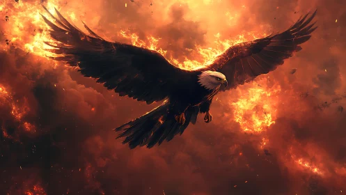 Majestic Bald Eagle Soaring in Fiery Skies, Dramatic Digital Art.