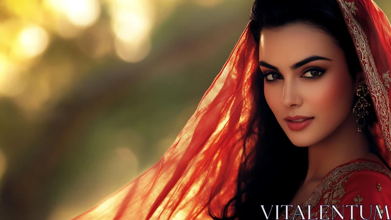Portrait of elegant woman in red veil under golden bokeh light