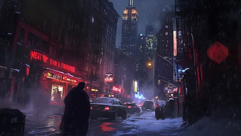 Noir winter city street with distant tower and neon haze