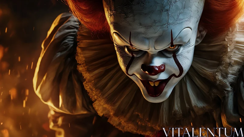Sinister horror clown close-up with intense fiery lighting.