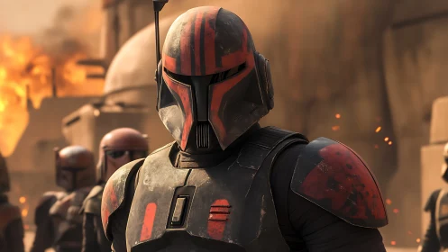 Armored sci fi soldier leads squad in burning cityscape.