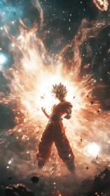 Saiyan warrior erupts with cosmic power in fiery ascension