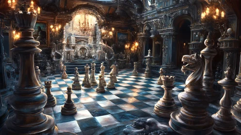 Majestic chessboard unfolds within a grand baroque hall