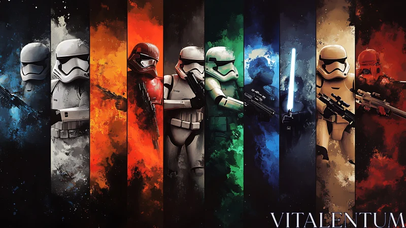 Colorful sci fi warriors lined up in a bold cosmic display.