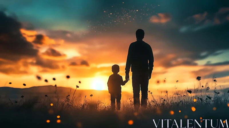 Silhouetted guardianship strolls through a wildfire sunset sky