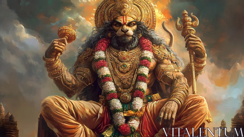 Lion-headed deity seated with ornate weapons and garlands