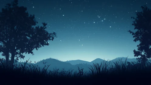 Starlit valley horizon framed by silhouetted forest nightscape.